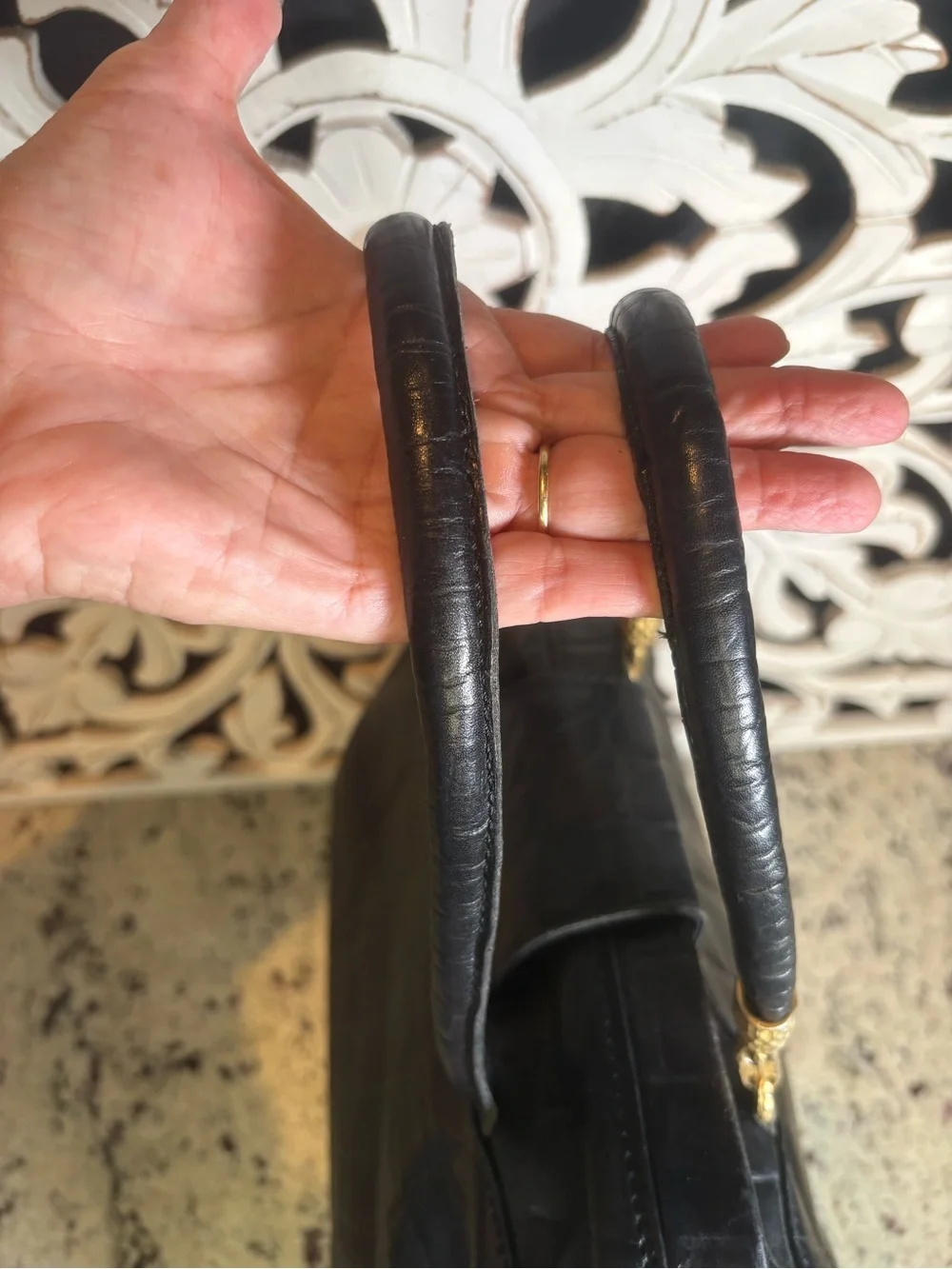 Peruzzi VTG Black Croc-Embossed Leather Satchel Handbag Made in Florence Italy